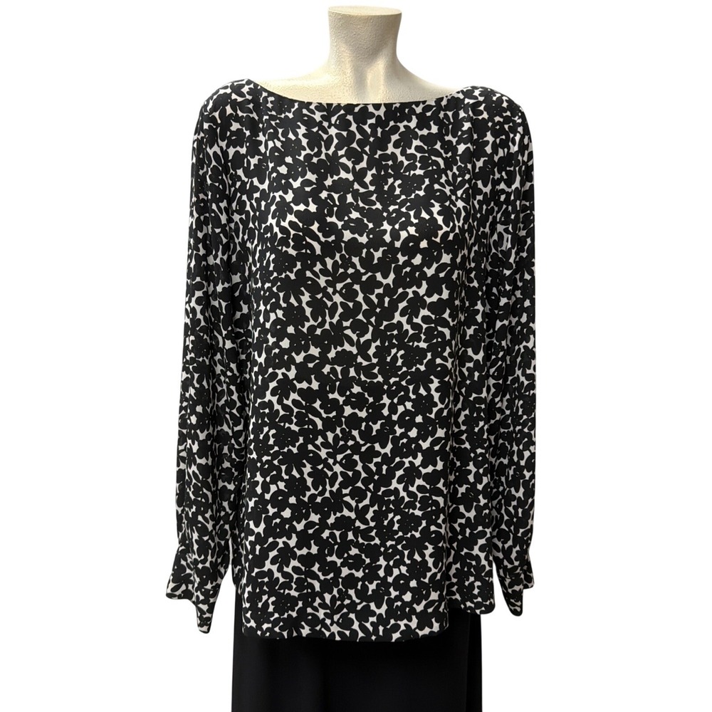 Ann Taylor Black White Floral Boat Neck Long Sleeve Blouse